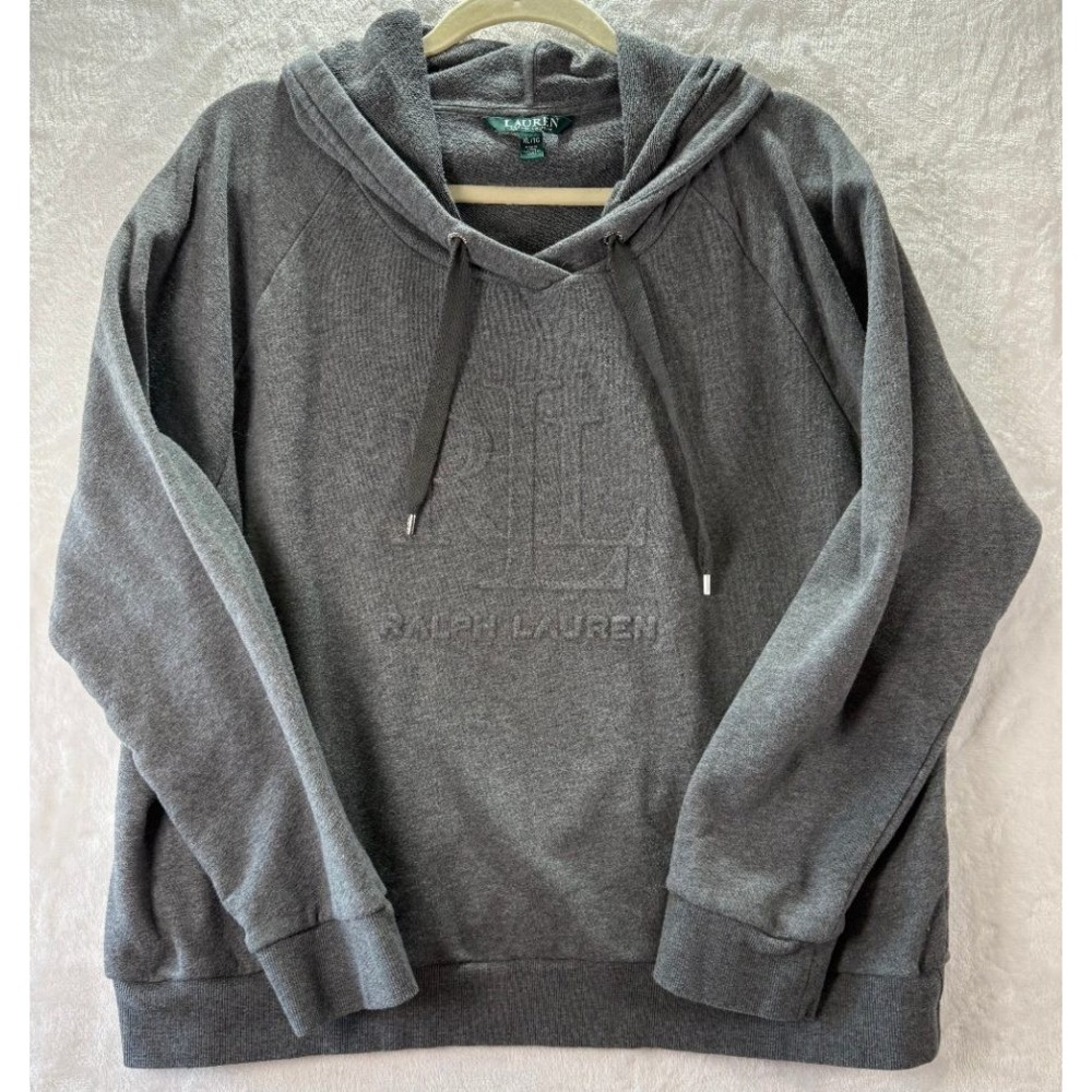 Lauren Ralph Lauren Hoodie Womens XL Gray Embossed RL Logo Pullover Sweatshirt